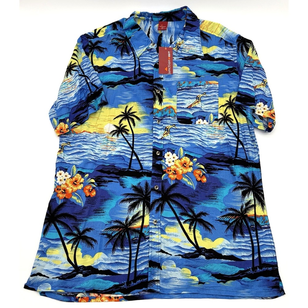 Junction West Hawaiian Mens XXL Aloha Shirt Palm Trees Surfing Blue